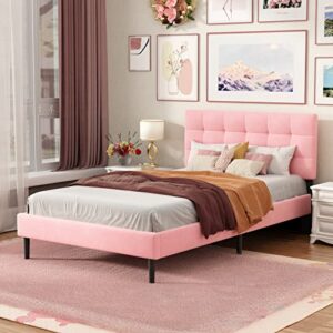 daznzn full size upholstered platform bed frame, velvet bed frame with stitched headboard and strong wooden slat support, easy assembly, no box spring needed, non-slip and noise-free, pink