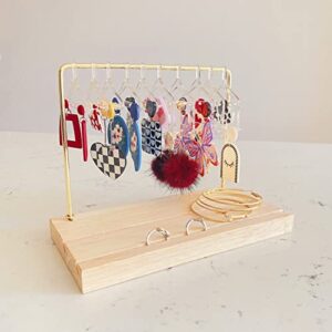 lemonadeus unique earring hanger rack tabletop jewelry display stand, brass metal hanging jewelry towers clothing rack earring holder with rings holder wood base