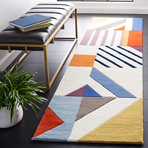 SAFAVIEH Fifth Avenue Collection 2' 3" x 7' Ivory/Multi FTV120A Handmade Mid-Century Modern Wool Entryway Foyer Living Room Bedroom Runner Rug