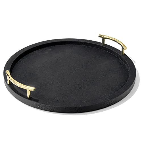 American Atelier Round Serving Tray- Large Decorative Platter w/Carry Handles in Gorgeous Leatherette Finish Perfect for Food, Drinks, Ottoman or Centerpiece, Gray/Green, 1630071, 17''