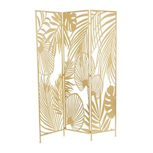 deco 79 metal rectangle room divider screen with palm leaf patterns, 48" x 1" x 71", gold