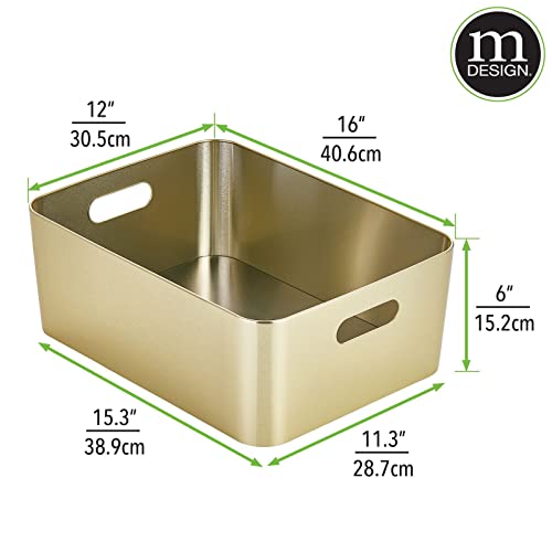 mDesign Steel Metal Storage Container Bin Basket, Handle - Kitchen Pantry, Cabinet, Fridge, Drawers, Freezer Organization - Food/Snack Holder Crates, 12" Wide - Mirri Collection - Soft Brass