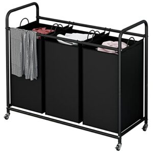 suoernuo laundry sorter basket 3 bag laundry hamper cart with rolling lockable wheels and removable bags organizer cart for clothes storage, black