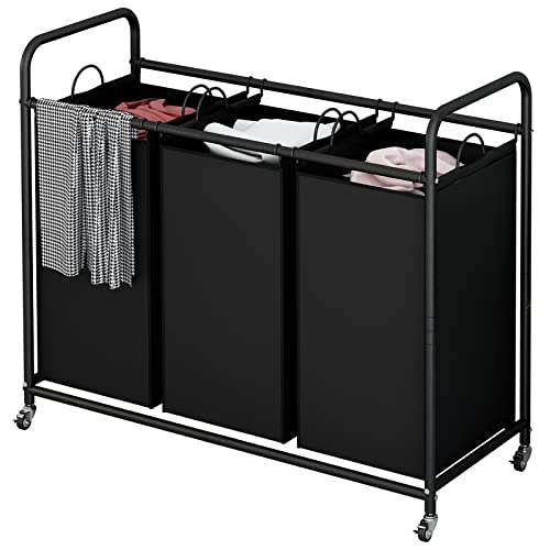 SUOERNUO Laundry Sorter Basket 3 Bag Laundry Hamper Cart with Rolling Lockable Wheels and Removable Bags Organizer Cart for Clothes Storage, Black