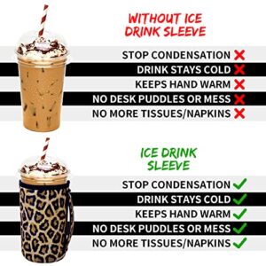 Abeillo 3 Pack Reusable Iced Coffee Sleeves 16-32oz Insulator Sleeves with Handle for Cold Drinks Beverages Drink Sleeve Holder for Popular Brands Coffee Cup (Leopard)