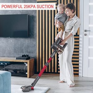 Afoddon Cordless Vacuum Cleaner, Stick Vacuum Cleaner with 250W 25Kpa Powerful Suction 2200mAh 6-Cell Battery Up to 35 Mins Runtime 6 in 1 Lightweight Vacuum for Pet Hair Carpet Hard Floor Red