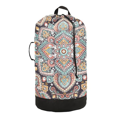 MNSRUU Washable Laundry Bag Backpack Large Dirty Clothes Bag with Adjustable Shoulder Strap Handles, Indian Floral Paisley Extra Laundry Heavy Duty Drawstring Bag for Travel College Grey Camping