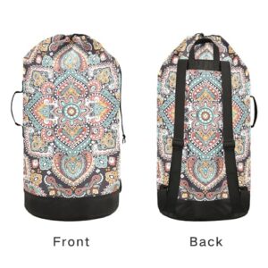 MNSRUU Washable Laundry Bag Backpack Large Dirty Clothes Bag with Adjustable Shoulder Strap Handles, Indian Floral Paisley Extra Laundry Heavy Duty Drawstring Bag for Travel College Grey Camping