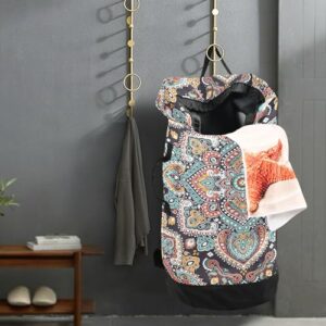 MNSRUU Washable Laundry Bag Backpack Large Dirty Clothes Bag with Adjustable Shoulder Strap Handles, Indian Floral Paisley Extra Laundry Heavy Duty Drawstring Bag for Travel College Grey Camping