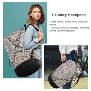 MNSRUU Washable Laundry Bag Backpack Large Dirty Clothes Bag with Adjustable Shoulder Strap Handles, Indian Floral Paisley Extra Laundry Heavy Duty Drawstring Bag for Travel College Grey Camping