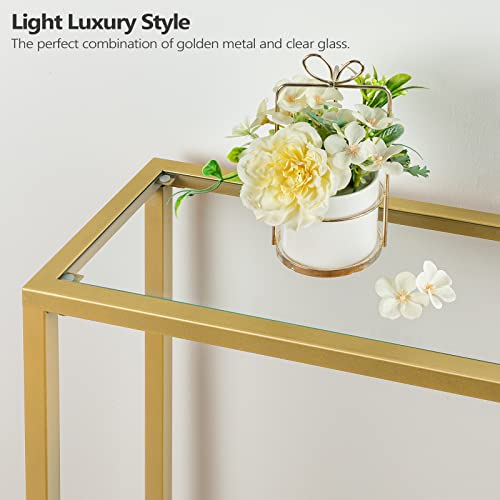 HOOBRO 39.4" Gold Console Table, Tempered Glass Sofa Table, Narrow Entryway Table, Metal Frame, Modern Style, Hallway, Living Room, GD04XG01