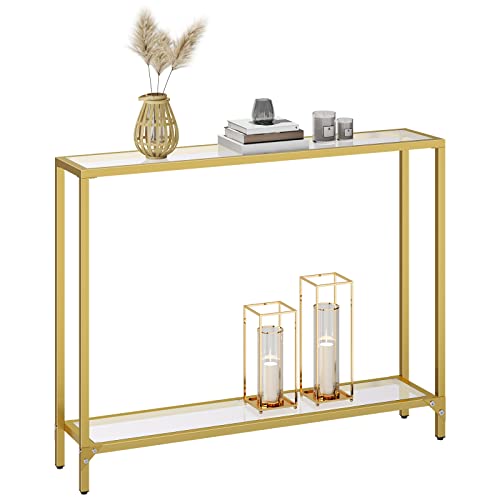 HOOBRO 39.4" Gold Console Table, Tempered Glass Sofa Table, Narrow Entryway Table, Metal Frame, Modern Style, Hallway, Living Room, GD04XG01