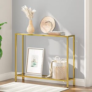 HOOBRO 39.4" Gold Console Table, Tempered Glass Sofa Table, Narrow Entryway Table, Metal Frame, Modern Style, Hallway, Living Room, GD04XG01