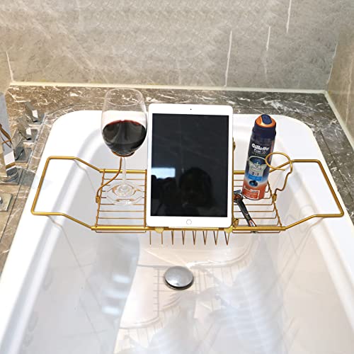 BDL Bathtub Caddy Tray Expandable Bath Tub Tray Table with Wine Holder, Free Soap Dish and Laptop Reading Rack, Bathtub Tray for Home（Bronze）