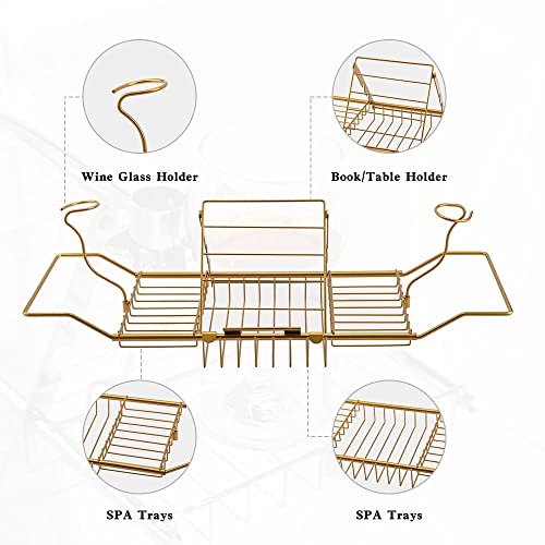 BDL Bathtub Caddy Tray Expandable Bath Tub Tray Table with Wine Holder, Free Soap Dish and Laptop Reading Rack, Bathtub Tray for Home（Bronze）