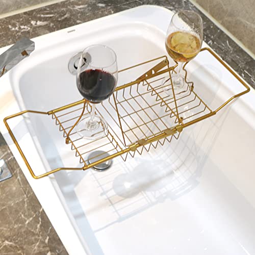 BDL Bathtub Caddy Tray Expandable Bath Tub Tray Table with Wine Holder, Free Soap Dish and Laptop Reading Rack, Bathtub Tray for Home（Bronze）