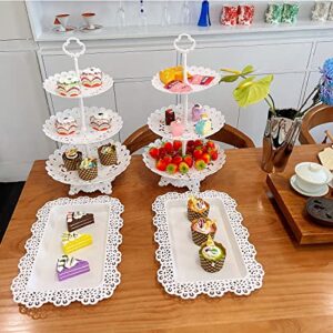 Set of 4 Dessert Stand Set, 3 Tiers White Plastic Cupcake Stand Holder & Rectangle Plastic Party Serving Trays/Platters for Wedding Birthday Baby Shower Tea Party Buffet (Round+Rectangular Type A)