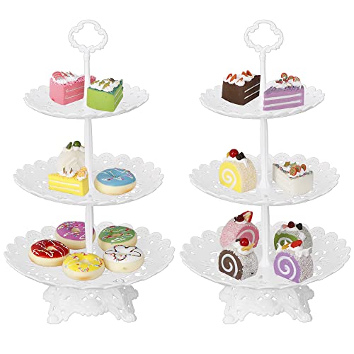 Set of 4 Dessert Stand Set, 3 Tiers White Plastic Cupcake Stand Holder & Rectangle Plastic Party Serving Trays/Platters for Wedding Birthday Baby Shower Tea Party Buffet (Round+Rectangular Type A)