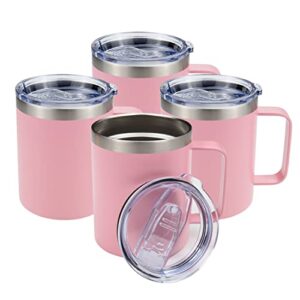 kmass kmax 4pack 12oz stainless steel insulated coffee mug with lid and handle.double wall vacuum travel coffee cup (pink)