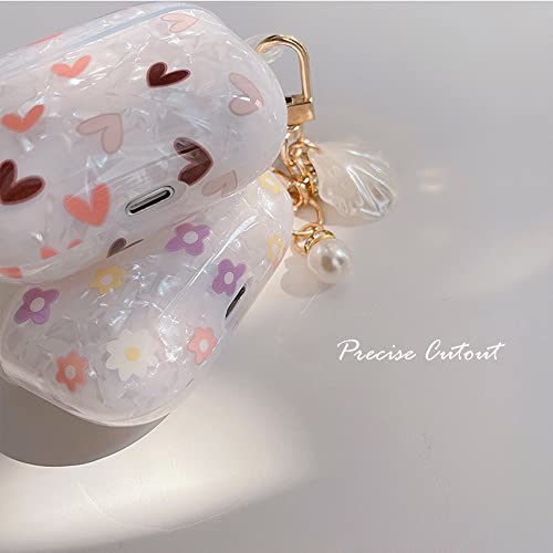 PHOEACC Cute Airpod Gen 3 Case 2021 (NOT Fit Airpod Pro) Flowers with Shell Pearl Keychain Luxury Marble Protective Cover Compatible with AirPods 3rd Generation Case for Girls Women (Floral)