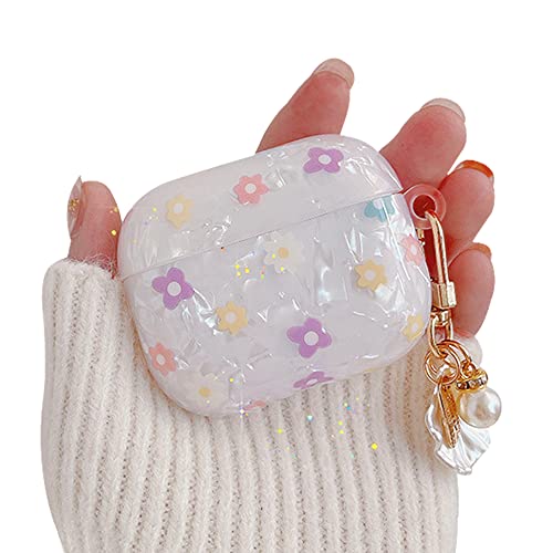 PHOEACC Cute Airpod Gen 3 Case 2021 (NOT Fit Airpod Pro) Flowers with Shell Pearl Keychain Luxury Marble Protective Cover Compatible with AirPods 3rd Generation Case for Girls Women (Floral)