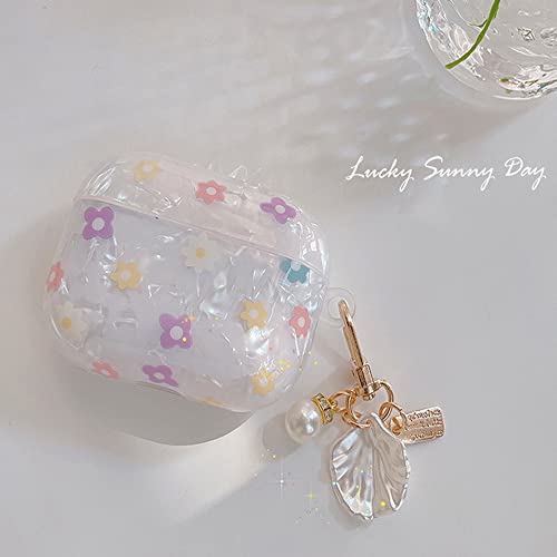 PHOEACC Cute Airpod Gen 3 Case 2021 (NOT Fit Airpod Pro) Flowers with Shell Pearl Keychain Luxury Marble Protective Cover Compatible with AirPods 3rd Generation Case for Girls Women (Floral)