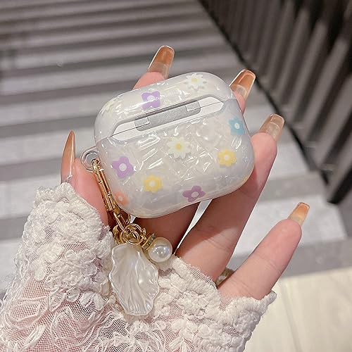 PHOEACC Cute Airpod Gen 3 Case 2021 (NOT Fit Airpod Pro) Flowers with Shell Pearl Keychain Luxury Marble Protective Cover Compatible with AirPods 3rd Generation Case for Girls Women (Floral)