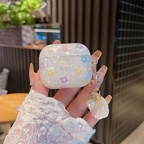 PHOEACC Cute Airpod Gen 3 Case 2021 (NOT Fit Airpod Pro) Flowers with Shell Pearl Keychain Luxury Marble Protective Cover Compatible with AirPods 3rd Generation Case for Girls Women (Floral)