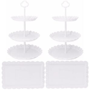 set of 4 dessert stand set, 3 tiers white plastic cupcake stand holder & rectangle plastic party serving trays/platters for wedding birthday baby shower tea party buffet