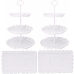 Set of 4 Dessert Stand Set, 3 Tiers White Plastic Cupcake Stand Holder & Rectangle Plastic Party Serving Trays/Platters for Wedding Birthday Baby Shower Tea Party Buffet