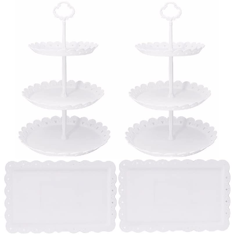 Set of 4 Dessert Stand Set, 3 Tiers White Plastic Cupcake Stand Holder & Rectangle Plastic Party Serving Trays/Platters for Wedding Birthday Baby Shower Tea Party Buffet