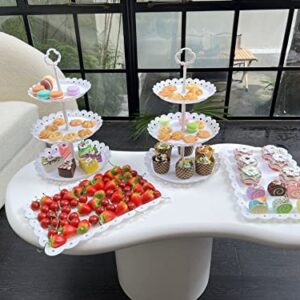 Set of 4 Dessert Stand Set, 3 Tiers White Plastic Cupcake Stand Holder & Rectangle Plastic Party Serving Trays/Platters for Wedding Birthday Baby Shower Tea Party Buffet