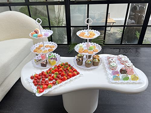 Set of 4 Dessert Stand Set, 3 Tiers White Plastic Cupcake Stand Holder & Rectangle Plastic Party Serving Trays/Platters for Wedding Birthday Baby Shower Tea Party Buffet