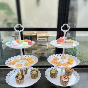 Set of 4 Dessert Stand Set, 3 Tiers White Plastic Cupcake Stand Holder & Rectangle Plastic Party Serving Trays/Platters for Wedding Birthday Baby Shower Tea Party Buffet