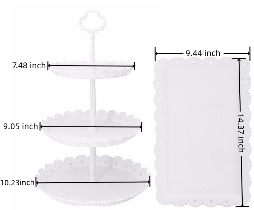 Set of 4 Dessert Stand Set, 3 Tiers White Plastic Cupcake Stand Holder & Rectangle Plastic Party Serving Trays/Platters for Wedding Birthday Baby Shower Tea Party Buffet