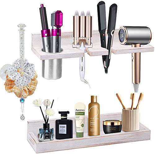 Hair Tool Organizer Wall Mount Holder, Set of 2 Layer Rustic Blow Dryer Holder, Hair Product Organizer Wooden Storage for Hair Dryer, Curling Iron, Hot Tools, Vanity Accessories, Makeup, Toiletries