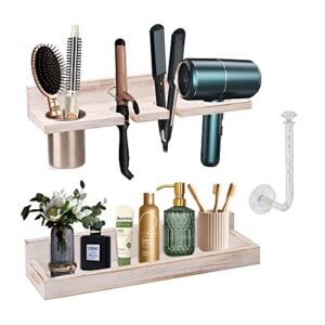 Hair Tool Organizer Wall Mount Holder, Set of 2 Layer Rustic Blow Dryer Holder, Hair Product Organizer Wooden Storage for Hair Dryer, Curling Iron, Hot Tools, Vanity Accessories, Makeup, Toiletries