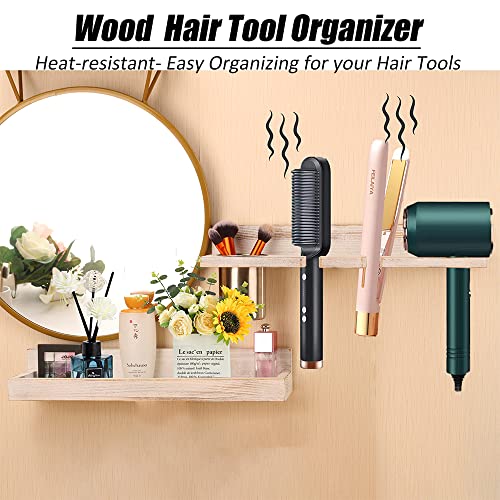 Hair Tool Organizer Wall Mount Holder, Set of 2 Layer Rustic Blow Dryer Holder, Hair Product Organizer Wooden Storage for Hair Dryer, Curling Iron, Hot Tools, Vanity Accessories, Makeup, Toiletries