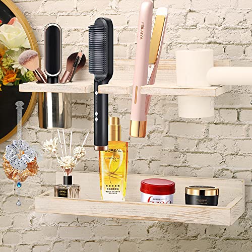 Hair Tool Organizer Wall Mount Holder, Set of 2 Layer Rustic Blow Dryer Holder, Hair Product Organizer Wooden Storage for Hair Dryer, Curling Iron, Hot Tools, Vanity Accessories, Makeup, Toiletries