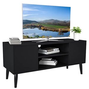 yusong retro tv stand for 55 inch tv, entertainment centers for living room bedroom, wood tv bench table tv console tv cabinet with 2 storage cabinets and open shelves, black
