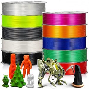 10 pack 3d printing filament abs 3d printer filament 1.75 mm 0.2 kg each spool 10 colors filament pack with nozzle and cleaning needle compatible with 3d printers, solid and translucent