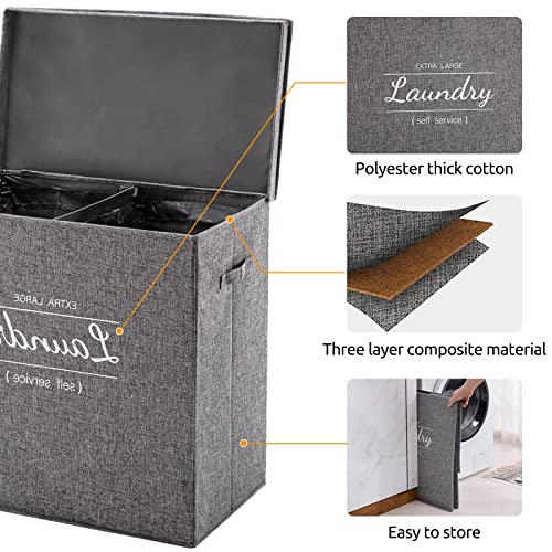 Fion'a magic Double Laundry Hamper with Lid and Removable Laundry Bags, 2 Divided Clothes Hamper, 125L Divider Dirty Clothes Basket with Handles for Bedroom, Laundry Room, Bathroom, Grey