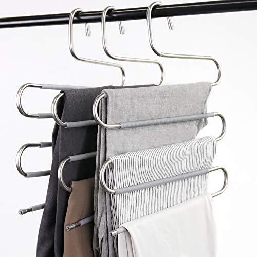Myfolrena Pants Hangers Non Slip Updated S-Shaped 5 Layers Hangers Closet Space Saver for Jeans Scarf Tie Clothes(6 Pack Grey+4 Pack Black)