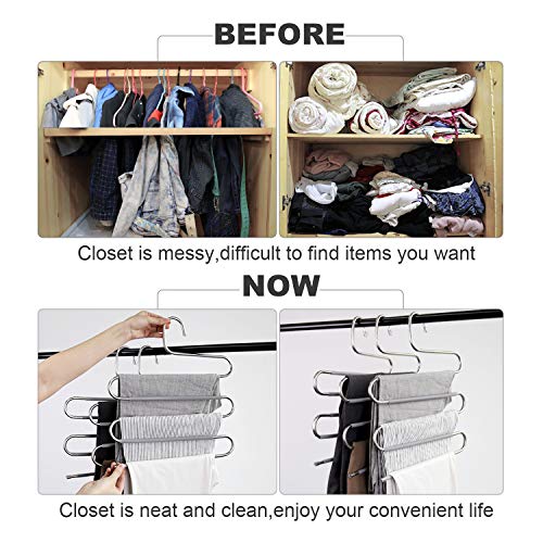 Myfolrena Pants Hangers Non Slip Updated S-Shaped 5 Layers Hangers Closet Space Saver for Jeans Scarf Tie Clothes(6 Pack Grey+4 Pack Black)