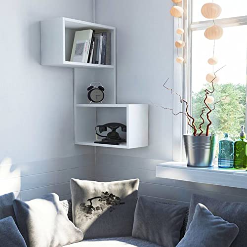 RANK Corner Shelf Wall Mounted, White Corner Shelves, Floating Corner Bookcase, Wall Storage Shelves for Wall Decor Living Room, Bedroom, Bathroom