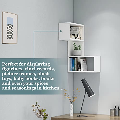 RANK Corner Shelf Wall Mounted, White Corner Shelves, Floating Corner Bookcase, Wall Storage Shelves for Wall Decor Living Room, Bedroom, Bathroom