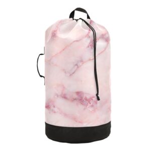 washable laundry bag backpack large dirty clothes bag with adjustable shoulder strap handles, pink marble pattern extra laundry heavy duty drawstring bag for travel college grey camping