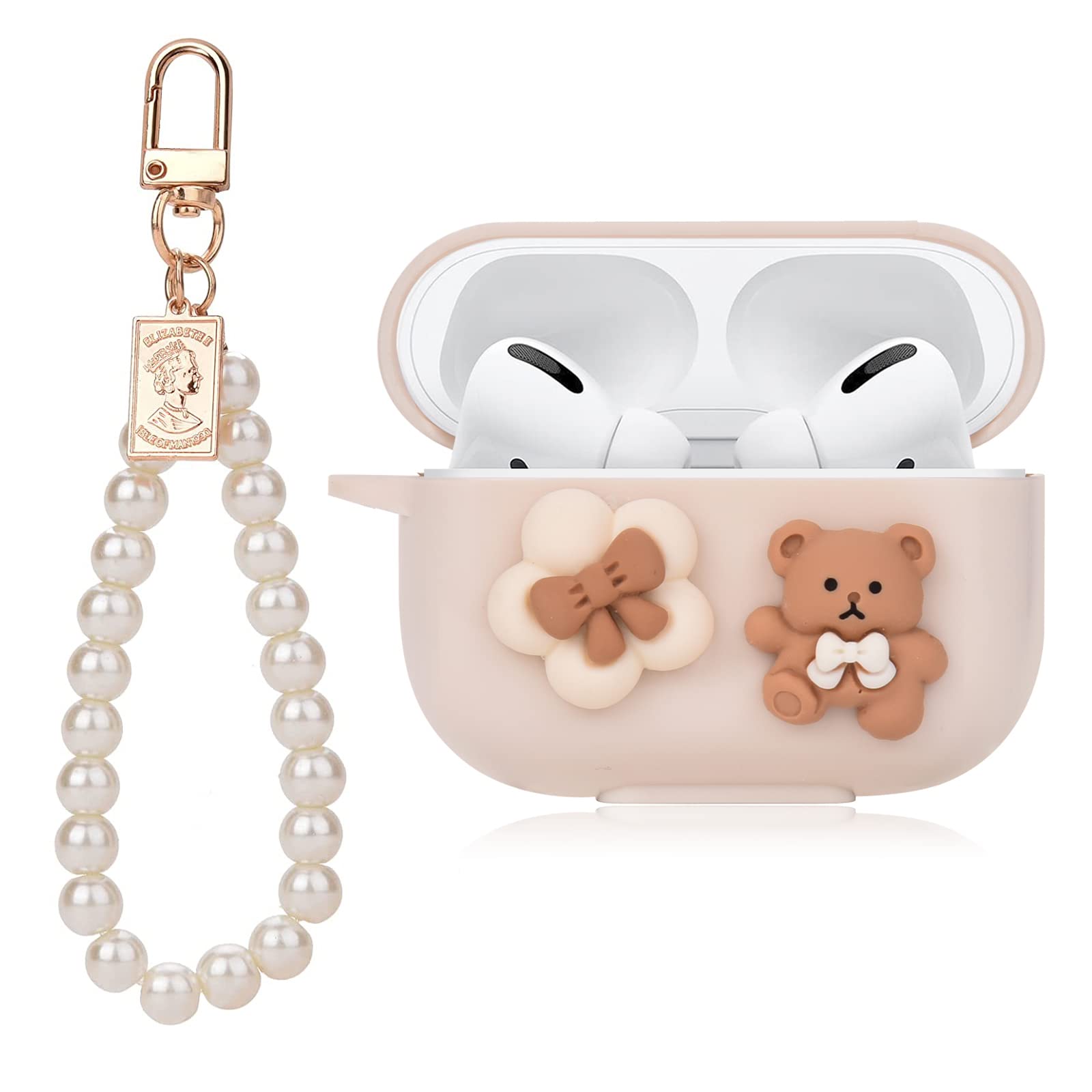 Cute AirPod Pro Case Cartoon Lovely Bear Design with Pearl Chain Soft Protective Cover Compatible with AirPods Pro for Women and Girls (Brown)