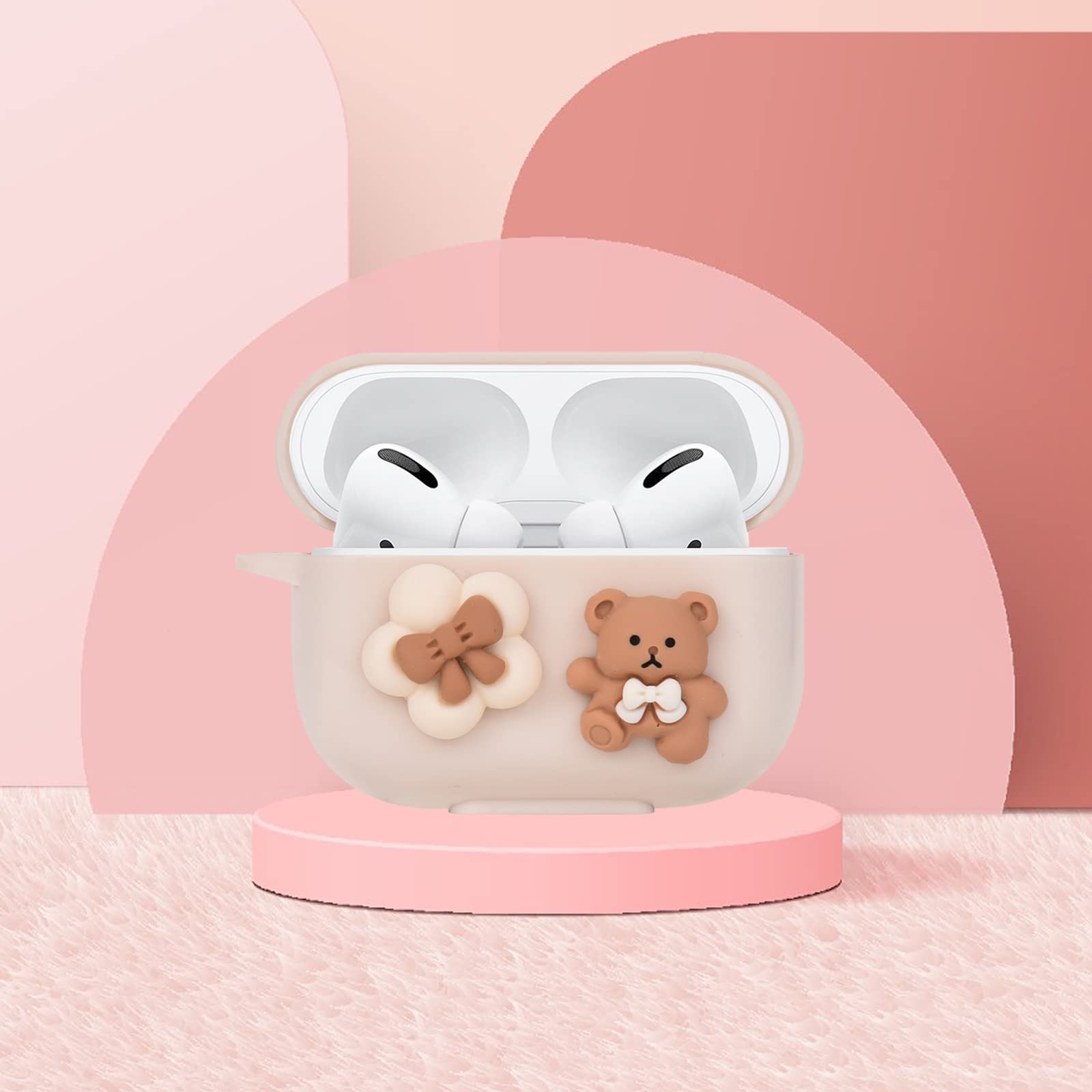 Cute AirPod Pro Case Cartoon Lovely Bear Design with Pearl Chain Soft Protective Cover Compatible with AirPods Pro for Women and Girls (Brown)
