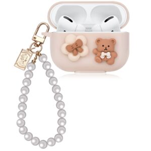 Cute AirPod Pro Case Cartoon Lovely Bear Design with Pearl Chain Soft Protective Cover Compatible with AirPods Pro for Women and Girls (Brown)